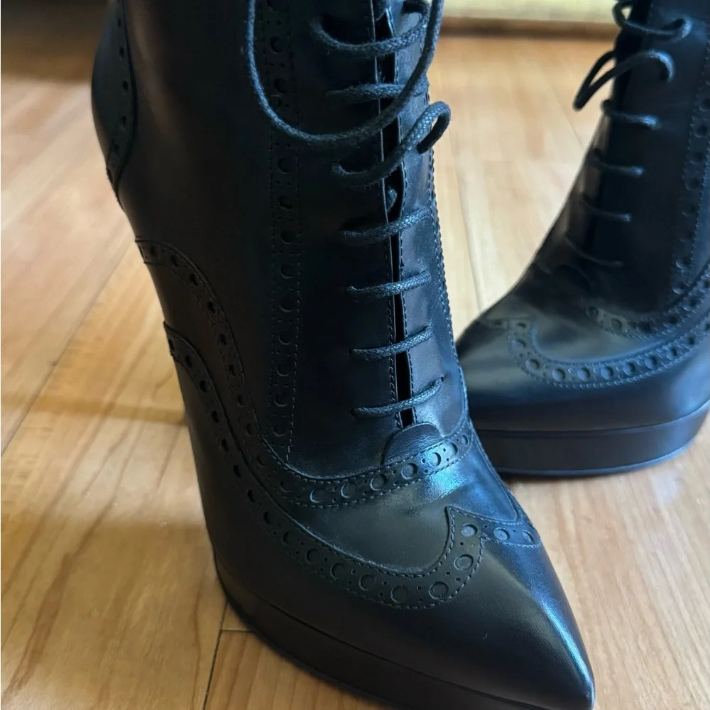 Saint Laurent Black Lace-Up Pointed Toe Platform Stiletto Booties - Picture 3 of 6